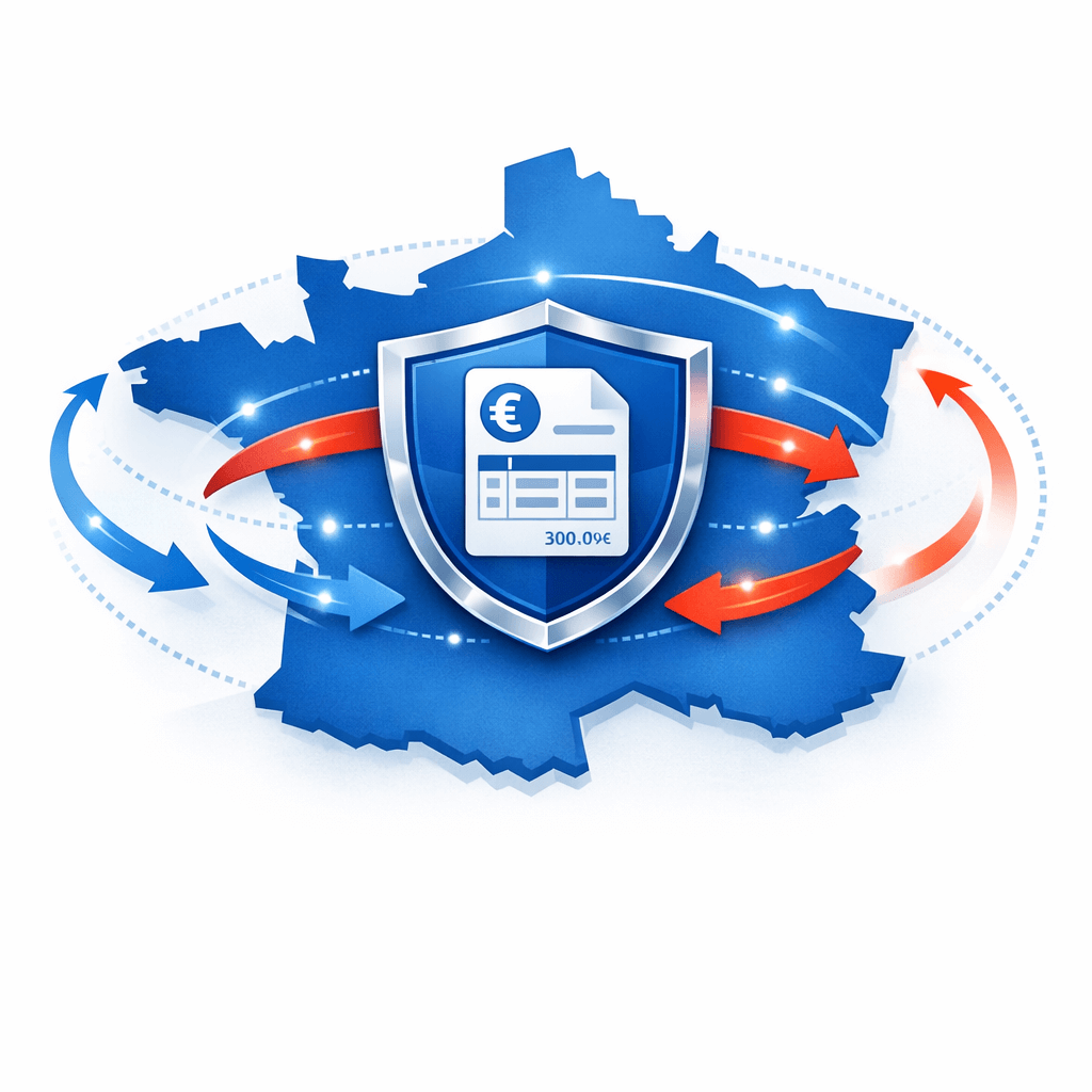 Une carte de France stylisée avec un bouclier au centre, reprenant les codes de la page CRM pour la cohérence visuelle. À l'intérieur du bouclier, une icône de facture structurée. Autour de la carte, des flux de données qui restent à l'intérieur des frontières, symbolisant l'hébergement souverain. Tons bleu-blanc avec des touches de rouge discret. Le message visuel est clair : vos données financières restent en France, protégées et conformes.