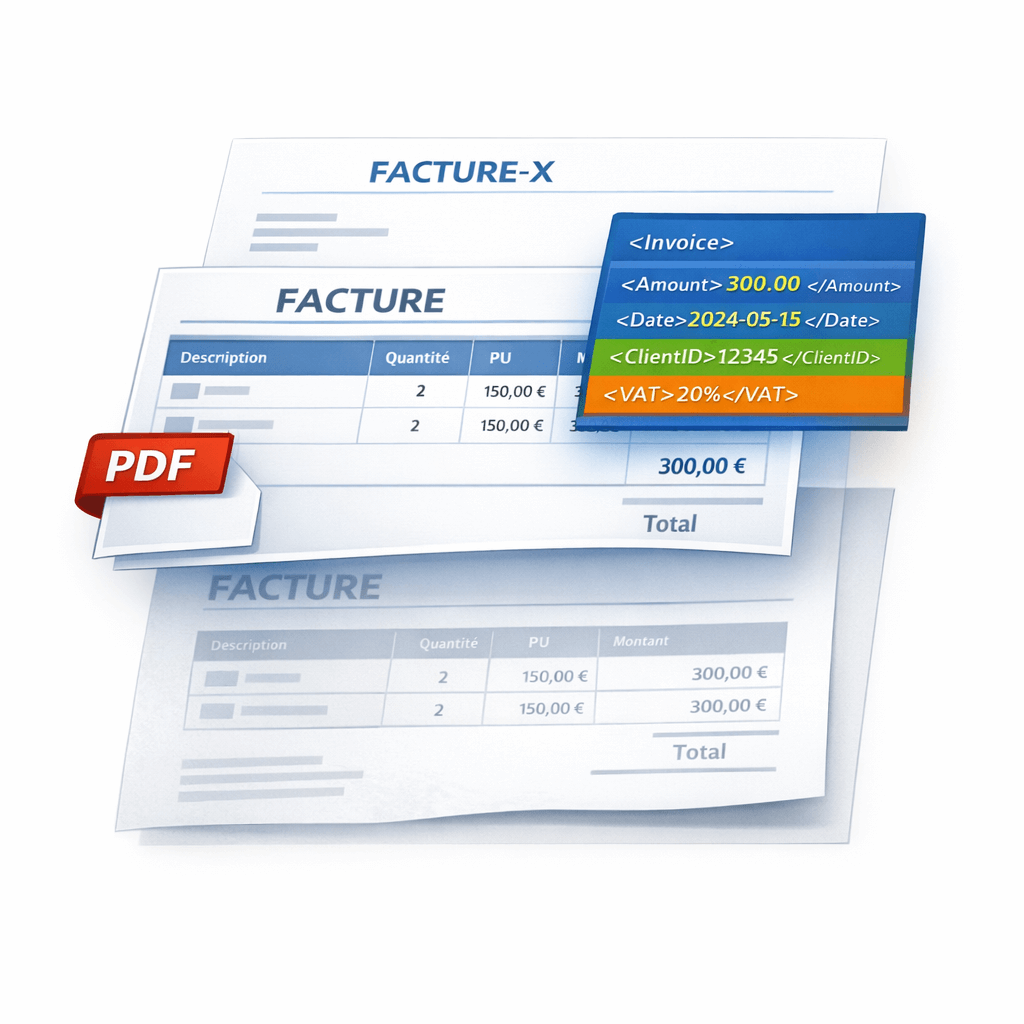 Une illustration en trois couches superposées montrant la transformation du flux de facturation : en bas, une facture papier (estompée, grisée) ; au milieu, un PDF classique (semi-transparent) ; en haut, une facture structurée Factur-X avec des données XML visibles en surbrillance (nette, colorée). L'empilement visuel raconte l'évolution du papier vers le format normé