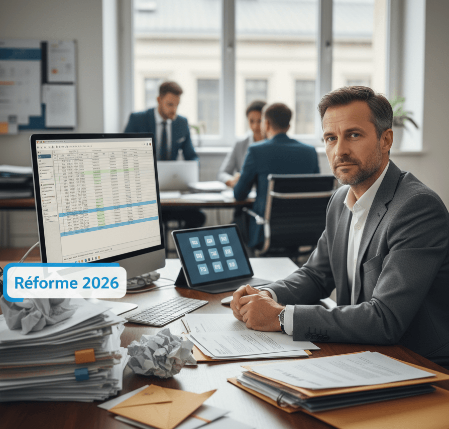 Un dirigeant ou un DAF assis à son bureau, entouré d'un mélange visuel de factures papier, de PDF à l'écran et de courriers empilés. Son expression traduit l'interrogation — pas le stress, mais le questionnement sincère de quelqu'un qui sait qu'il doit agir sans savoir par où commencer. Une notification Réforme 2026 apparaît discrètement sur son écran.