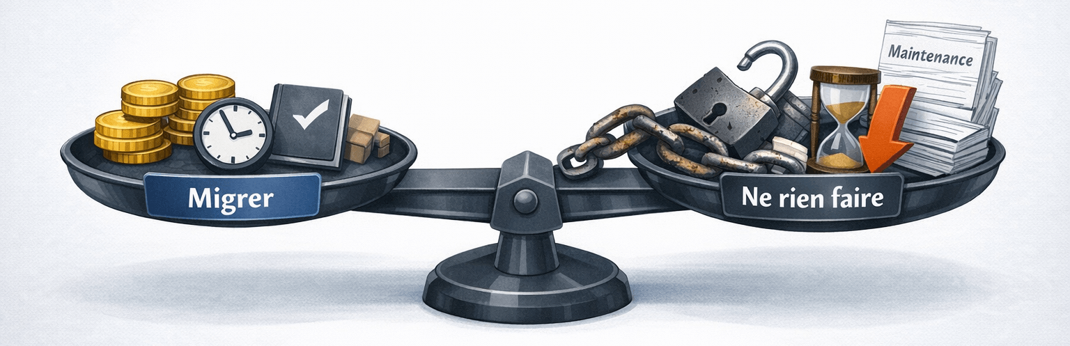 Une balance à deux plateaux, visuellement déséquilibrée. Sur le plateau de gauche, étiqueté Migrer : des objets légers et maîtrisés — quelques pièces de monnaie (investissement), une horloge (temps), un carnet (effort). Sur le plateau de droite, étiqueté Ne rien faire : des objets nettement plus lourds et menaçants qui font pencher la balance — une chaîne rouillée (dette technique), un cadenas ouvert (sécurité), un sablier presque vide (temps perdu), une flèche descendante (compétitivité), une pile de factures de maintenance. Le plateau de droite penche fortement. Le message visuel est immédiat : ne rien faire coûte plus cher que migrer. Style illustratif épuré, pas réaliste. Fond neutre pour mettre en valeur le déséquilibre.