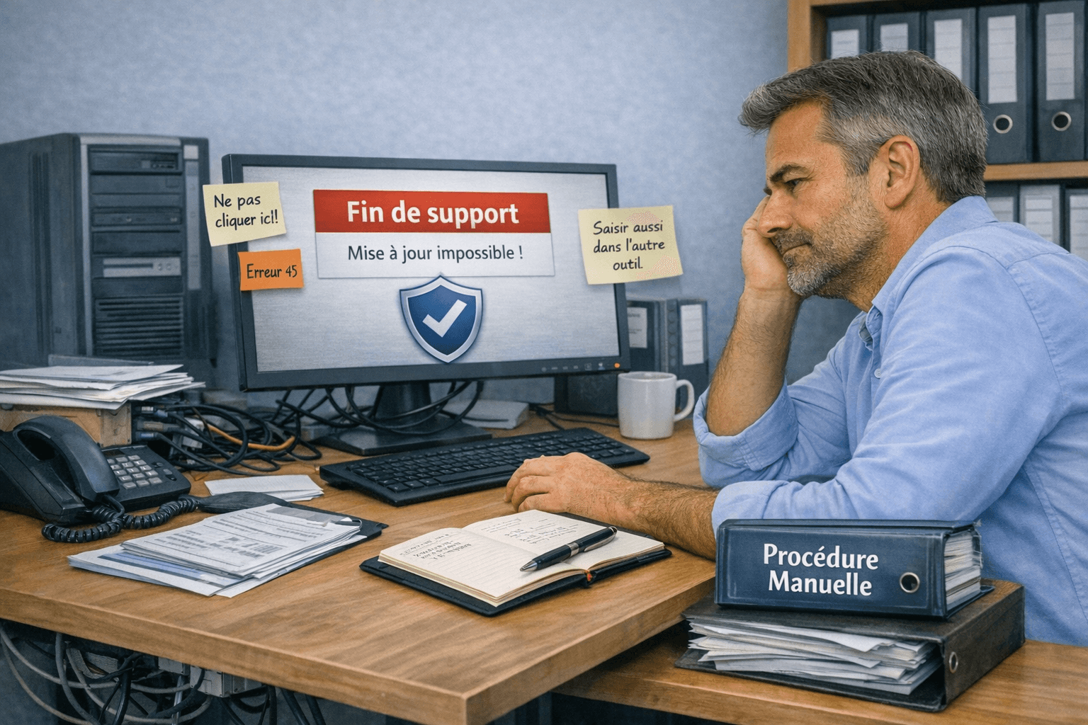 Un dirigeant assis devant un écran affichant un message d'alerte type Fin de support — Mise à jour impossible ou une notification d'erreur récurrente. Autour de lui, les symptômes visibles d'un SI vieillissant : câbles emmêlés sous le bureau, post-its de contournement collés sur l'écran (ne pas cliquer ici, saisir aussi dans l'autre outil), un classeur étiqueté Procédure manuelle. Son expression traduit la lassitude résignée de quelqu'un qui sait depuis longtemps qu'il faut changer mais qui repousse la décision. En arrière-plan discret, une étagère avec des classeurs poussiéreux et un vieux serveur tour.
